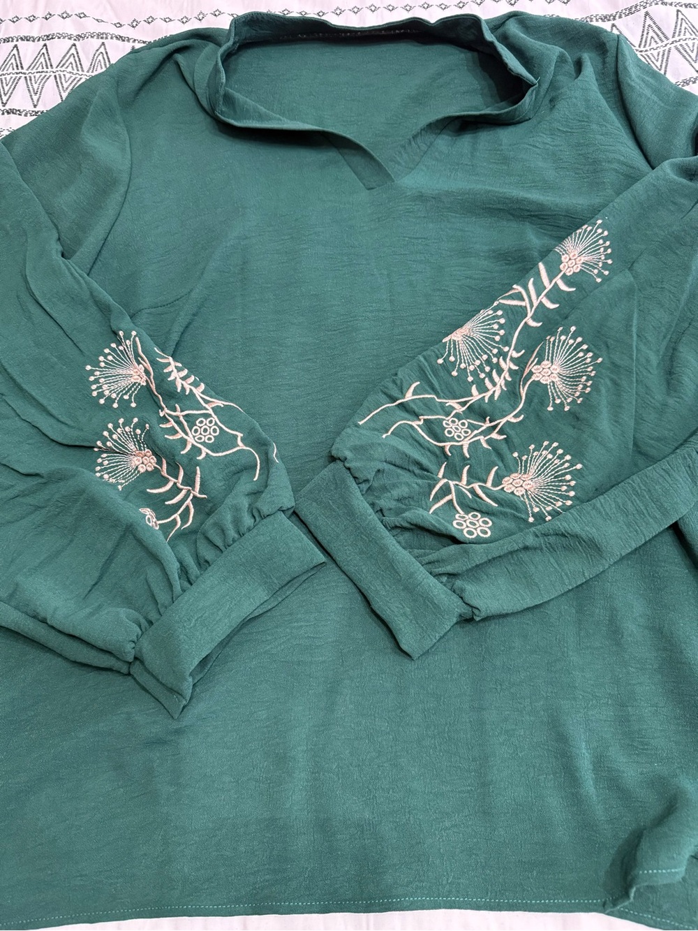 SHEIN Teal Green Embroidered V-Neck Tunic